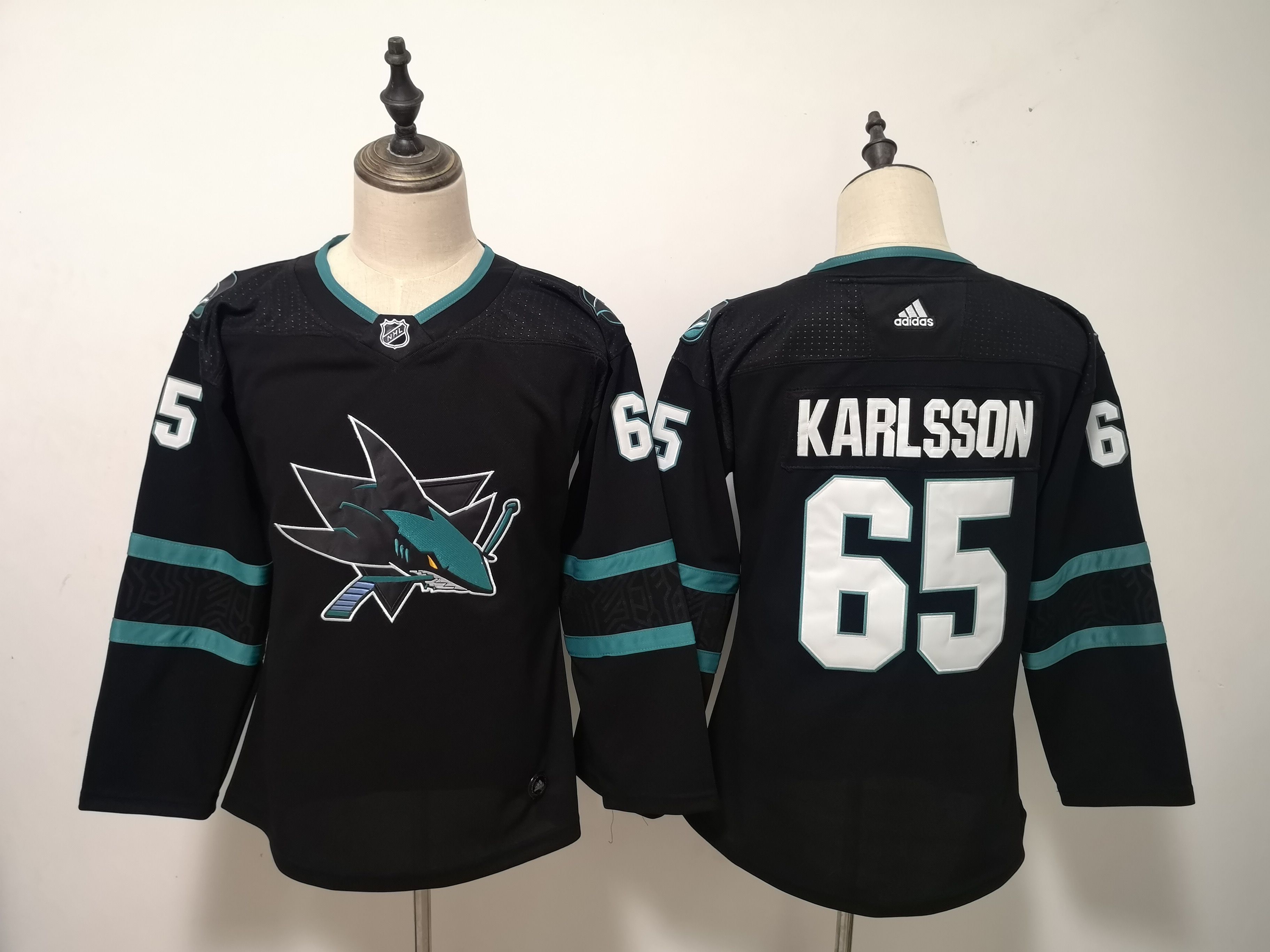 Women San Jose Sharks #65 Karlsson Black Adidas Stitched NHL Jersey->women nhl jersey->Women Jersey